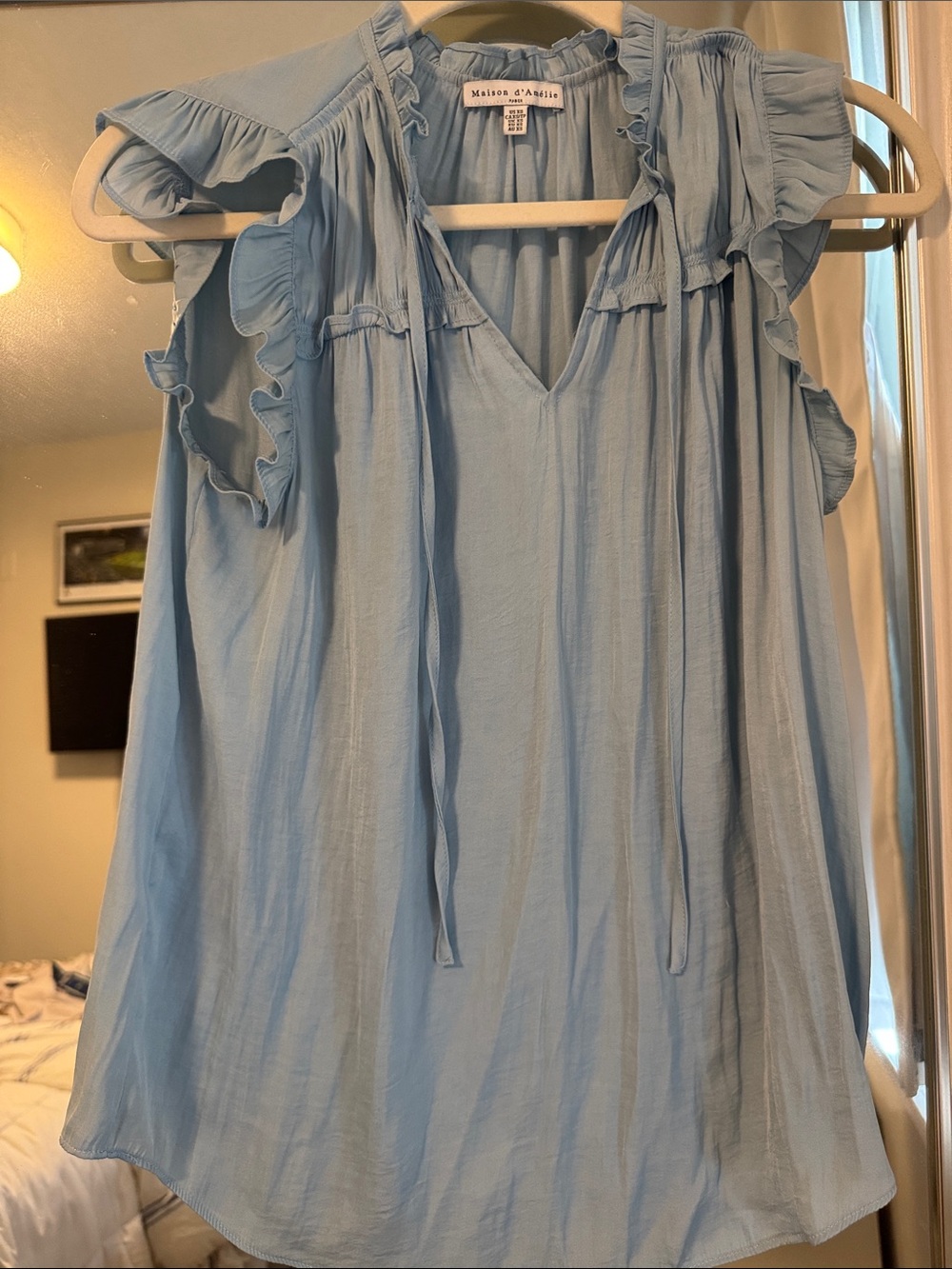 Maison d'Angele Light Blue Ruffle Tie V-Neck Blouse